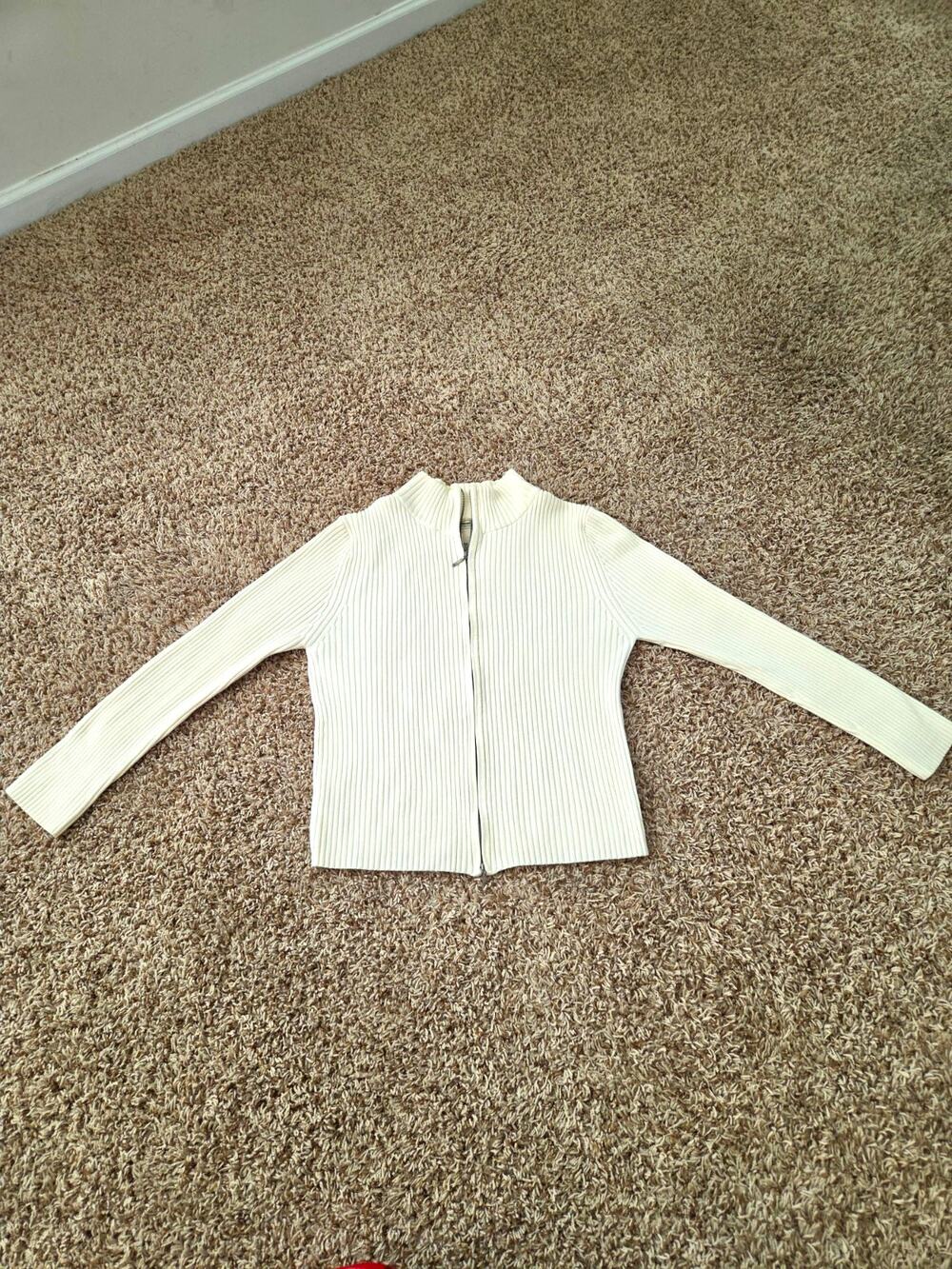 L.L.Bean Women's L Ivory Rib-Knit Full Zip Mock Neck Long Sleeve Sweater